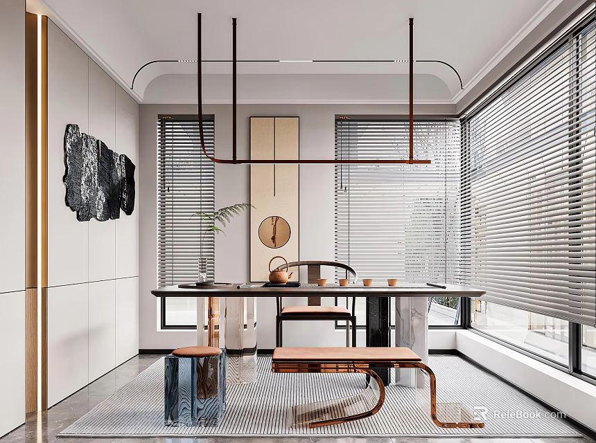Modern Tea Room Interior Design With Tea Table Chairs Round Mirror And Window Blinds 3d model
