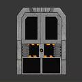 Futuristic Sci Fi Metal Door With Blue Stripes Yellow Black Warnings And Red Button