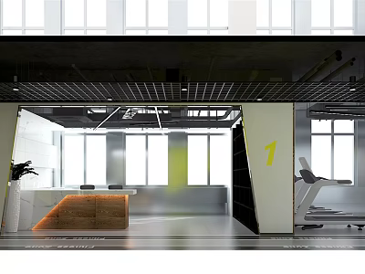 Bright Modern Fitness Gym Zone 1 With Reception Desk And Training Equipment 3d model