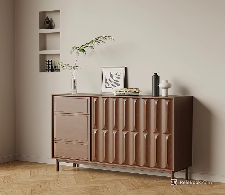 Modern Wooden Console Cabinet with Vertical Groove Design Green Plant Photo Frame and Wall Shelf 3d model 