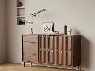 Modern Wooden Console Cabinet with Vertical Groove Design Green Plant Photo Frame and Wall Shelf 3d model