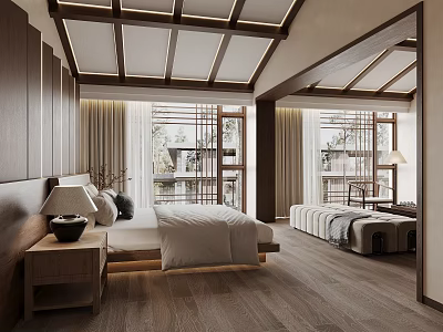 Elegant Modern Hotel Room Interior With Wooden Floors Large Windows And Comfortable Bed 3d model
