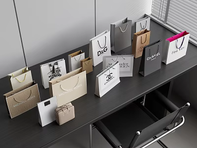 Various Colored Shopping Bags And Small Boxes Display Set With Different Styles On Table Top 3d model