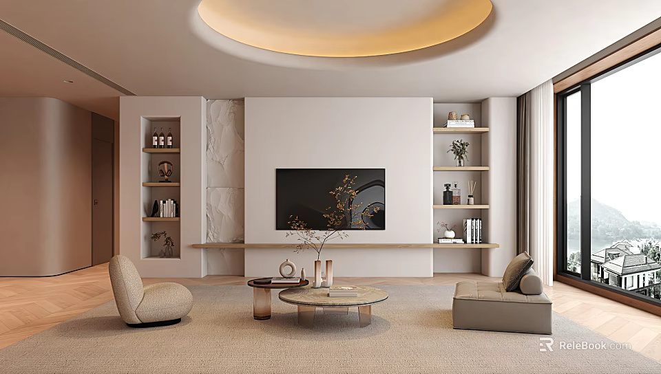 Modern Living Room Interior With Round Ceiling Light Textured TV Wall And Beige Armchairs 3d model 