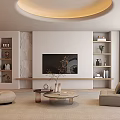 Modern Living Room Interior With Round Ceiling Light Textured TV Wall And Beige Armchairs
