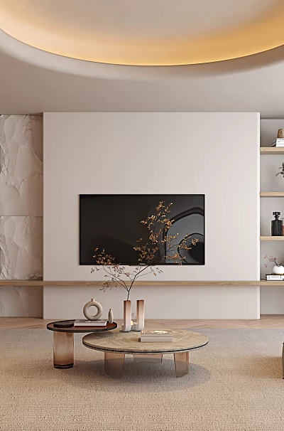 Modern Living Room Interior With Round Ceiling Light Textured TV Wall And Beige Armchairs 3d model