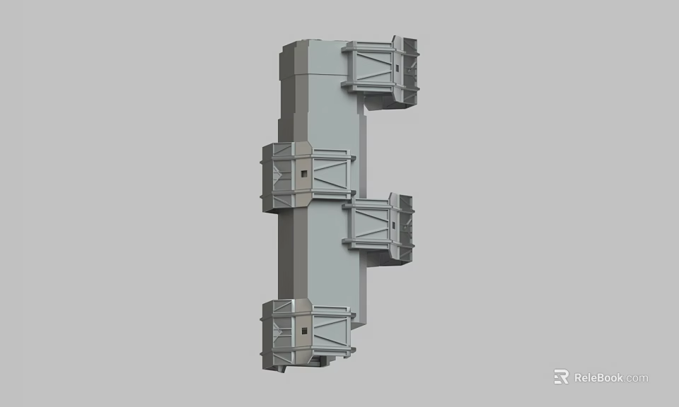 3D Model Of Industrial Vertical Mechanical Structure With Multiple Horizontal Platforms And Grey Design 3d model 