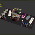 3D Exhibition Booth Layout With Structural Frames Stairs And Lighting Elements