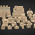 Cartoon Scene Of Ancient Stone Buildings With 3D Pyramids Temples Dense Earth Yellow Models