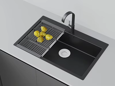 Modern Black Kitchen Sink With Metal Drainer Rack Fresh Lemons And Faucet On Countertop 3d model