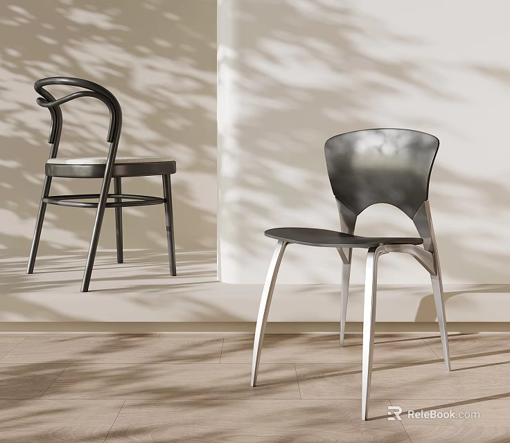 Modern Black Dining Chairs with Sleek Curved Backrests in Interior With Light Shadow Effects 3d model 
