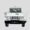 White Utility Vehicle With Black Roof Red Warning Light Front Grille And Off Road Tires