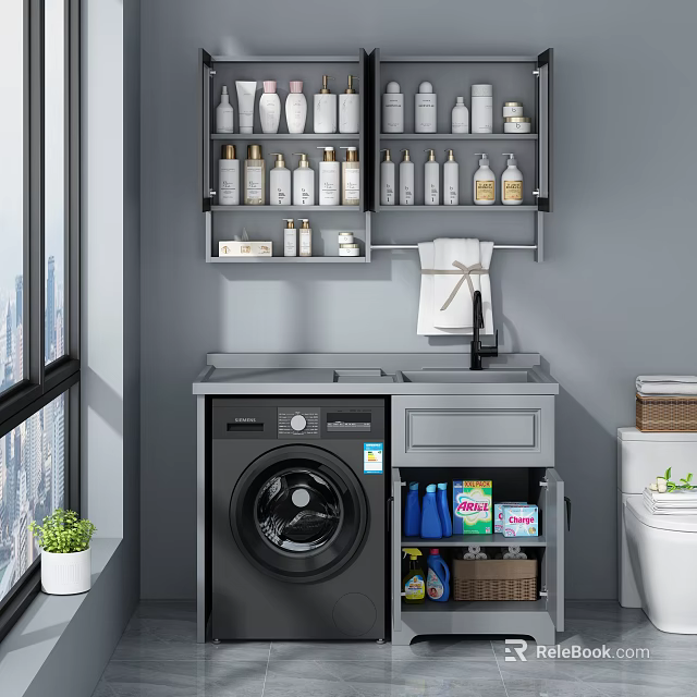 Modern Bathroom Cabinet with Countertop Washing Machine Wall Mounted Shelves Toiletries and Towel 3d model 