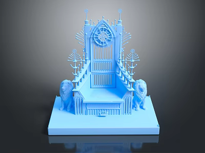 Blue Gothic Throne 3D Model With Spires Lion Statues And Decorative Base 3d model