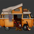 Orange Classic Van Interior With Open Doors Red Seats And Guitar 3d model