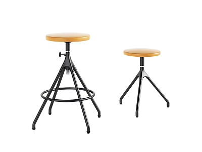 Wooden Seat Bar Stools With Black Metal Tripod Legs And Adjustable Height Design 3d model