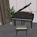Modern Grand Piano Interior With Stool Green Plant Gray Curtain White Wall And Gray Floor