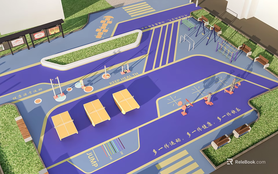 Outdoor Children's Playground With Colorful Surface Play Equipment Seating And Greenery 3d model 