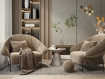 Cozy Beige Casual Sofa Set With Curved Design Side Table And Green Plant Decor 3d model
