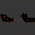 Multiple Small Black Dachshund Figurines with Red Eyes on Black Background 3d model