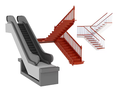 Various Stair Types Featuring Escalator Red and White Staircases with Handrails 3d model
