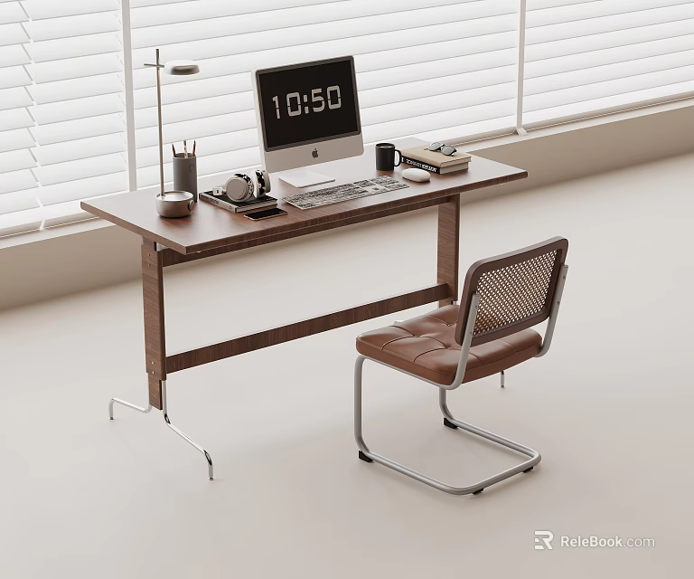 Modern Home Office Desk With Computer Monitor Lamp Pen Holder Keyboard Mouse And Chair 3d model 