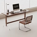Modern Home Office Desk With Computer Monitor Lamp Pen Holder Keyboard Mouse And Chair