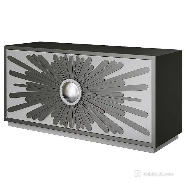 Black Sideboard With Radiant Sunburst Design And Central Metallic Sphere 3d model