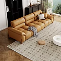 Brown Leather Sofa And White Coffee Table Set With Gray Throw Blanket And Mountain View 3d model