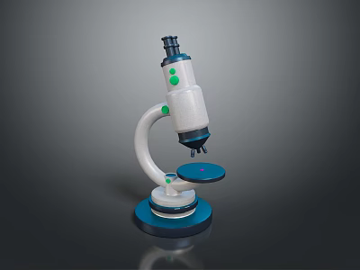 White Microscope With Green Buttons Blue Base And Metal Stand For Science Education 3d model