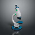 White Microscope With Green Buttons Blue Base And Metal Stand For Science Education