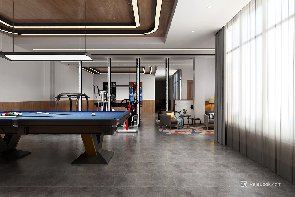Modern Billiard Room With Pool Table And Fitness Area 3d model 