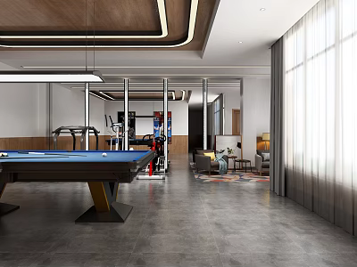 Modern Billiard Room With Pool Table And Fitness Area 3d model