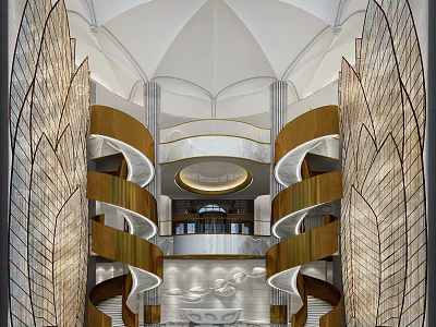 Elegant Hotel Lobby Featuring Arched Ceiling Golden Spiral Staircases Decorative Leaf Screens And Marble Flooring 3d model