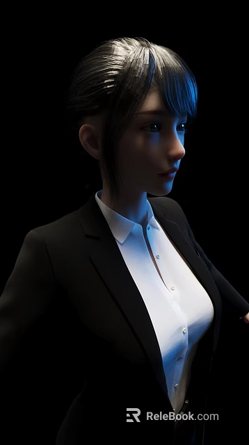 Professional Woman In Black Blazer And White Shirt Against Black Background 3d model 