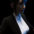 Professional Woman In Black Blazer And White Shirt Against Black Background