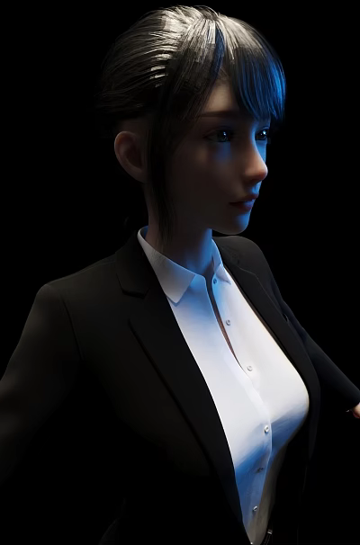Professional Woman In Black Blazer And White Shirt Against Black Background 3d model