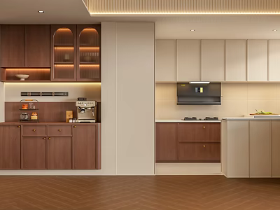 Stylish Vintage Walnut Wood Side Cabinet With Glass Display Doors And Built In Soft Lights 3d model
