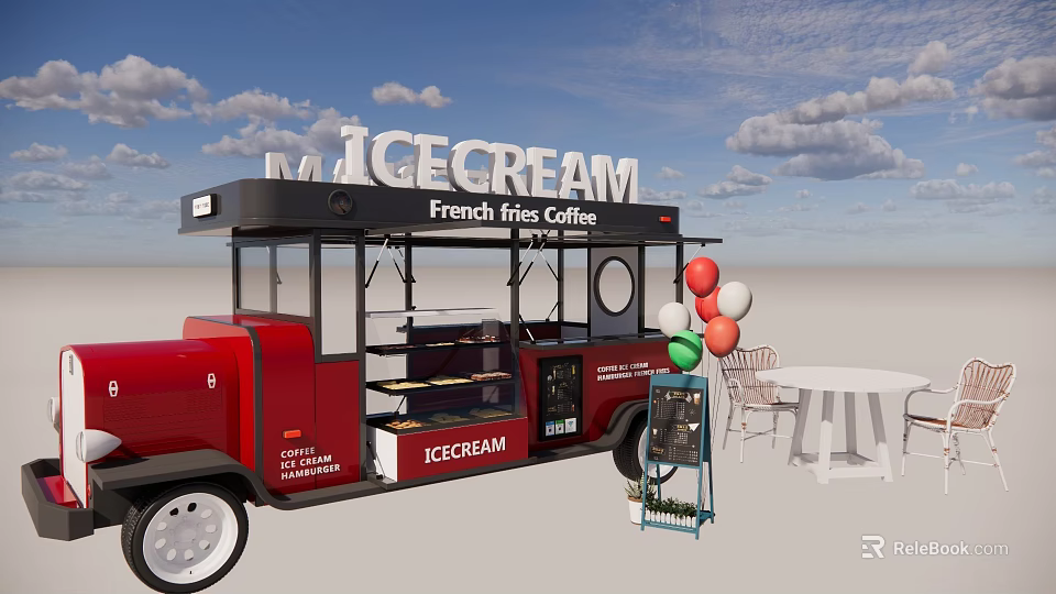 Red Ice Cream Truck With Service Window Awning Balloons And Outdoor Tables Chairs 3d model 