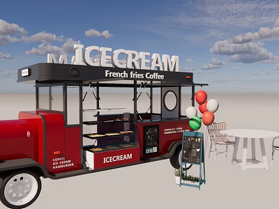 Red Ice Cream Truck With Service Window Awning Balloons And Outdoor Tables Chairs 3d model