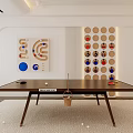 Wooden Table Tennis Table With Paddle Balls And Decorative Wall Art In Indoor Room