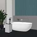 Modern White Freestanding Bathtub With Cabinet Green Plant And Striped Wall