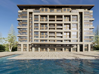 Modern Multi Storey Residential Building Exterior With Glass Facade Front Pool And Green Landscaping 3d model