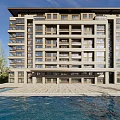 Modern Multi Storey Residential Building Exterior With Glass Facade Front Pool And Green Landscaping