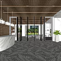 Elegant Modern Hotel Lobby with Marble Flooring Reception Desk Chandeliers Glass Windows and Indoor Plants