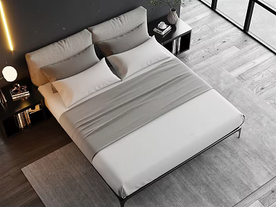 Modern Double Bed with Gray and White Bedding Nightstand Table Lamp and Wooden Floor 3d model