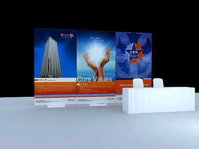 Display Shelves With Core Values Exhibition Boards And White Counter Design 3d model
