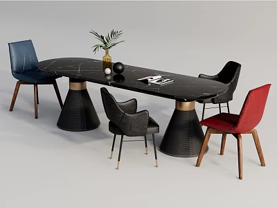 Modern Black Dining Table Set With Multicolor Chairs Green Plant Vase And Metal Base 3d model