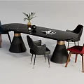 Modern Black Dining Table Set With Multicolor Chairs Green Plant Vase And Metal Base