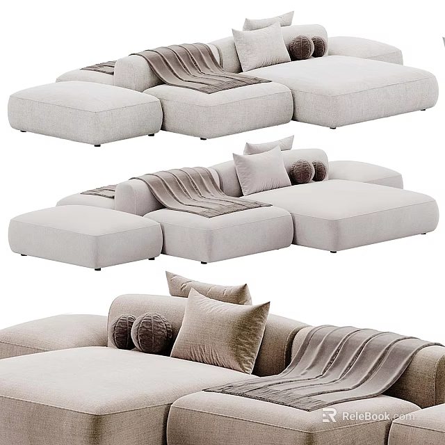 Sectional Modular Sofa with Light Beige Upholstery Decorative Pillows and Throw Blanket Modern Cozy Design 3d model 